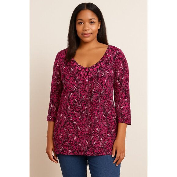 ELLE Women’s 1X Pink Black Swirl Print Top with Petal Neckline 3/4 Sleeve - Picture 6 of 6